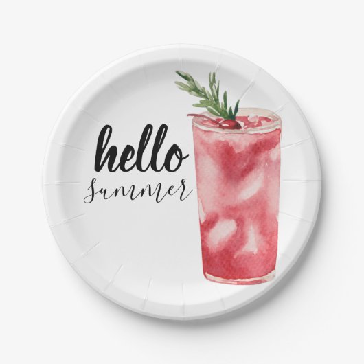 ハローサマーウォーターカラーレッドさくらんぼカクテル ペーパープレート (正面)