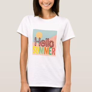 ハローサマーカラフルホワイトかわいい太陽の女性を着る Tシャツ