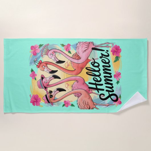 ハローサマーキュートフラミンゴビーチバケーショントロピカル ビーチタオル (正面)