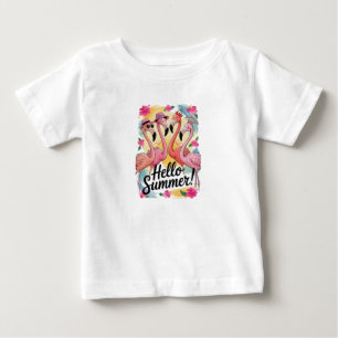 ハローサマーキュートフラミンゴビーチバケーショントロピカル ベビーTシャツ
