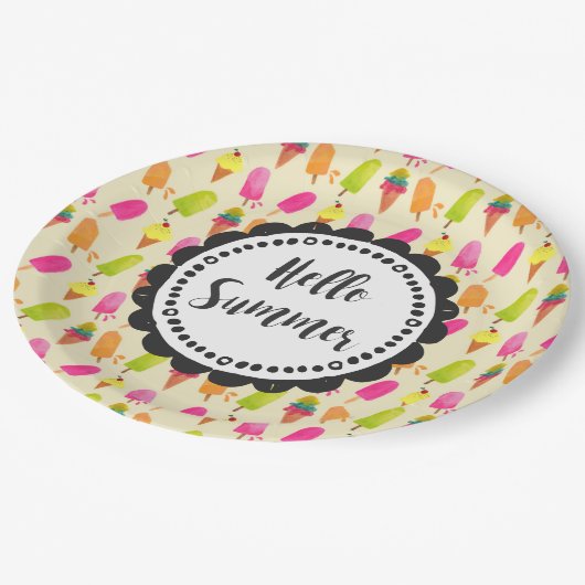 ハローサマータイポグラフィポップシクルス&アイスクリーム ペーパープレート (アングル)