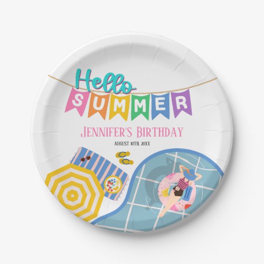ハローサマーバカラフルナープールパーティー誕生日 ペーパープレート (正面)