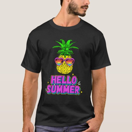 ハローサマーパイナップルサングラスビーチ Tシャツ (正面)