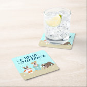 ハローサマービーチドッグズブルーオレンジ スクエアペーパーコースター (インサイチュ)