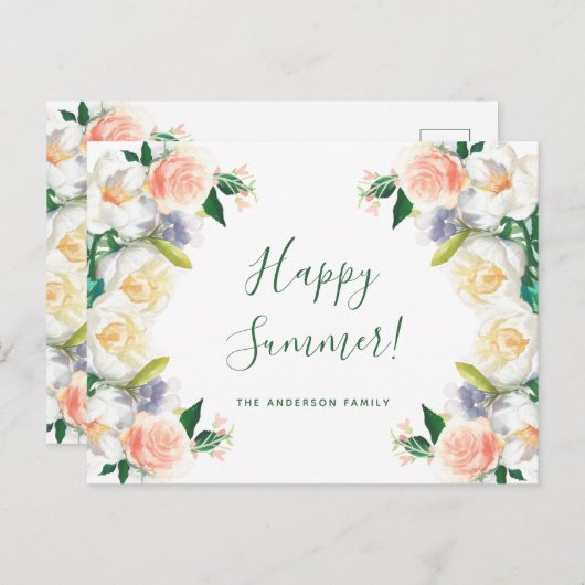 ハローサマーラッシュ花模様ホワイトコーラルピーチガーデン ポストカード (正面/裏面)
