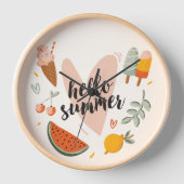 ハローサマー引用文カラフルかわいい子供部屋キッズ 壁時計 (正面)