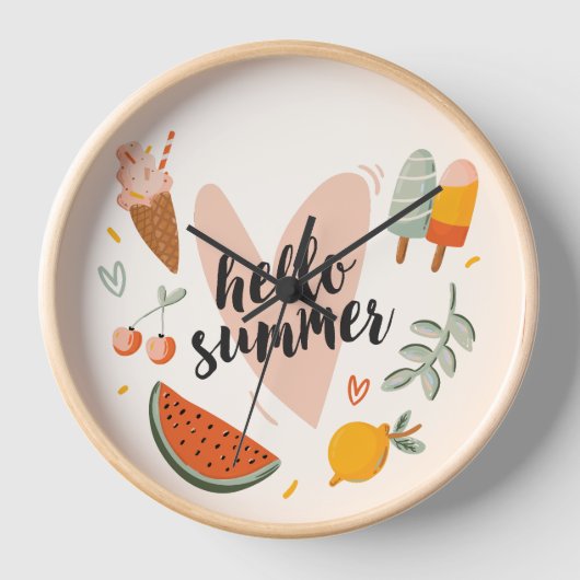 ハローサマー引用文カラフルかわいい子供部屋キッズ 壁時計 (正面)