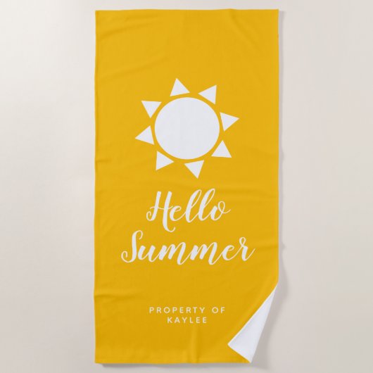 ハローサマー黄色ビーチタオルと名前をカスタムする ビーチタオル (正面)