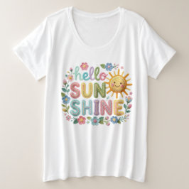 ハローサンシャインのかぎ針編み風フラワー プラスサイズTシャツ