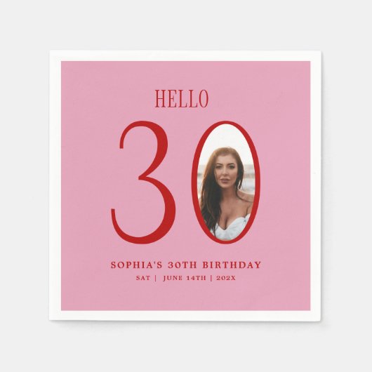 ハローサーティー ピンクと赤の写真入り30歳の誕生日 スタンダードカクテルナプキン (正面)