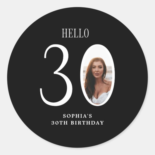 ハローサーティー 白黒 写真入り 30歳の誕生日 ラウンドシール (正面)