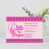 ハローザレディ顔ピンクパターンベビーシャワー 招待状 (スタンド正面)