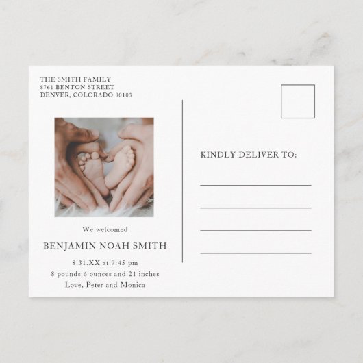 ハローシンプルベビーフォトモダン誕生 案内ポストカード (裏面)