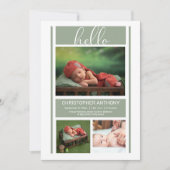 ハローシンプルミニマリストセージグリーン男の赤ちゃん誕生 案内状 (正面)