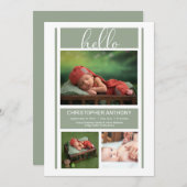 ハローシンプルミニマリストセージグリーン男の赤ちゃん誕生 案内状 (正面/裏面)