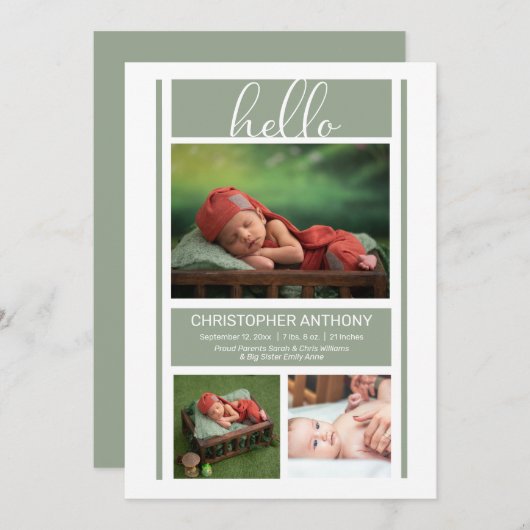 ハローシンプルミニマリストセージグリーン男の赤ちゃん誕生 案内状 (正面/裏面)