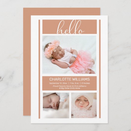 ハローシンプルミニマリストテラコッタベビー誕生 案内状 (正面/裏面)