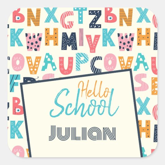 ハロースクールの名前を付けたパーソナライズされたアルファベット スクエアシール (正面)