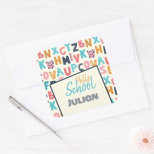 ハロースクールの名前を付けたパーソナライズされたアルファベット スクエアシール (封筒)