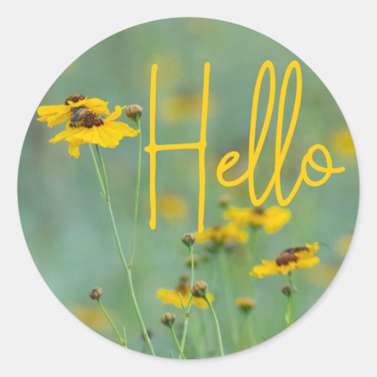 ハロータイポグラフィイエローワイルドフラワー写真 ラウンドシール (正面)