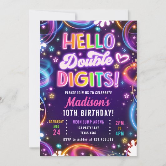 ハローダブルデジットトゥイーンネオングローガール誕生日 招待状 (正面)