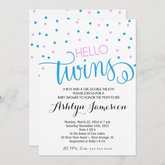 ハローツインズボーイアンドガールベビーシャワー招待状 招待状 (正面/裏面)