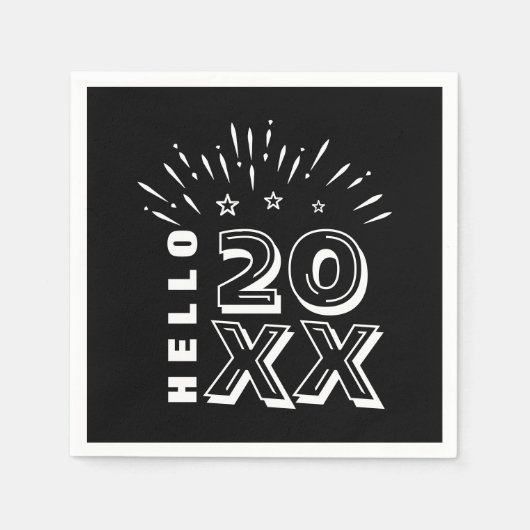 ハローハッピーニューイヤー花火白黒スター スタンダードカクテルナプキン (正面)