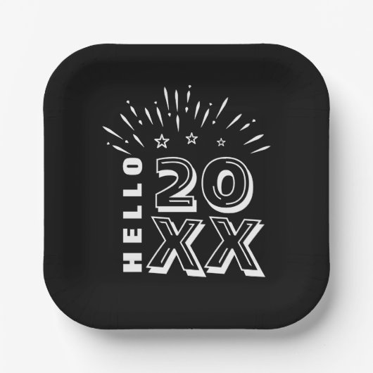 ハローハッピーニューイヤー花火白黒スター ペーパープレート (正面)