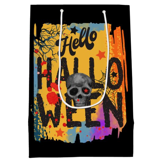 ハローハロウィンカラフル不気味スカルスパイダーウェブ ミディアムペーパーバッグ (裏面)