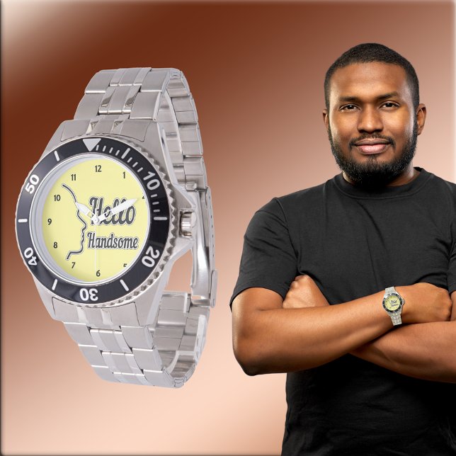 ハローハンサムタイポグラフィと顔プロファイルの概要 腕時計 (Hello Handsome Typography and Face Profile Outline Watch)