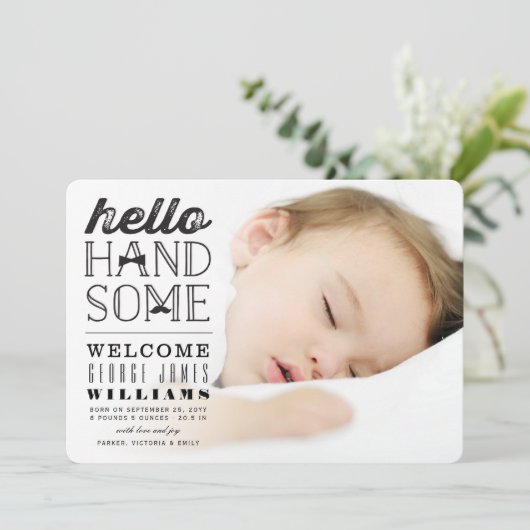 ハローハンサム男の赤ちゃん写真誕生のお知らせ 案内状 (スタンド正面)