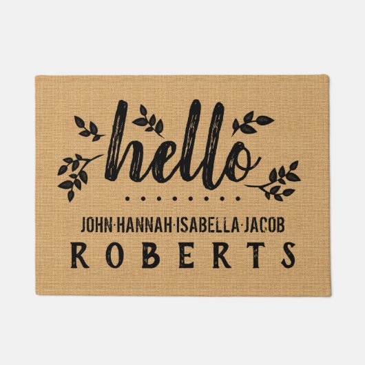 ハローバーラップリーフファームハウスフィードサックパーソナライズされた ドアマット (正面)