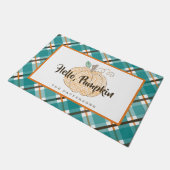 ハローパンプキン秋ティール(緑がかった色)オレンジプレイドドアマット ドアマット (アングル)