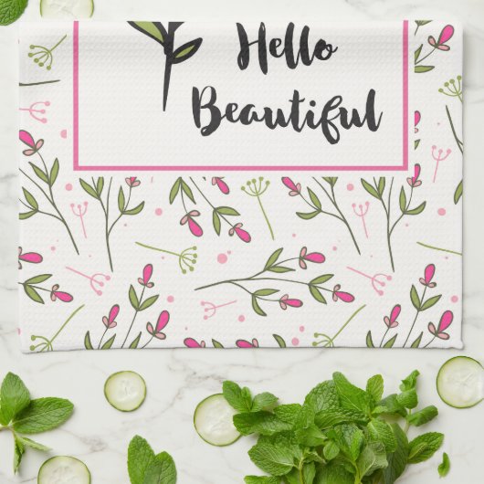 ハロービューティフルかわいらしピンクオレンジの野生の花 キッチンタオル (折り畳み)