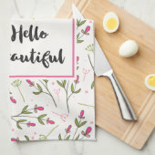 ハロービューティフルかわいらしピンクオレンジの野生の花 キッチンタオル (四つ折り)