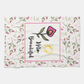 ハロービューティフルかわいらしピンクオレンジの野生の花 キッチンタオル (横)