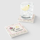 ハロービューティフルかわいらしピンクオレンジの野生の花 ストーンコースター (横)