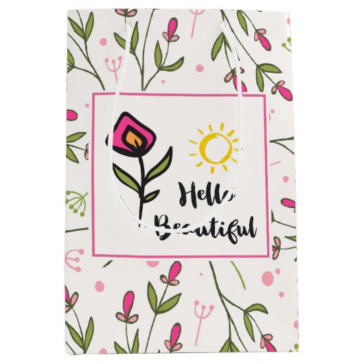 ハロービューティフルかわいらしピンクオレンジの野生の花 ミディアムペーパーバッグ (正面)