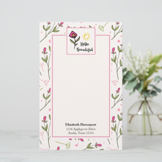 ハロービューティフルかわいらしピンクオレンジの野生の花 便箋 (スタンド正面)