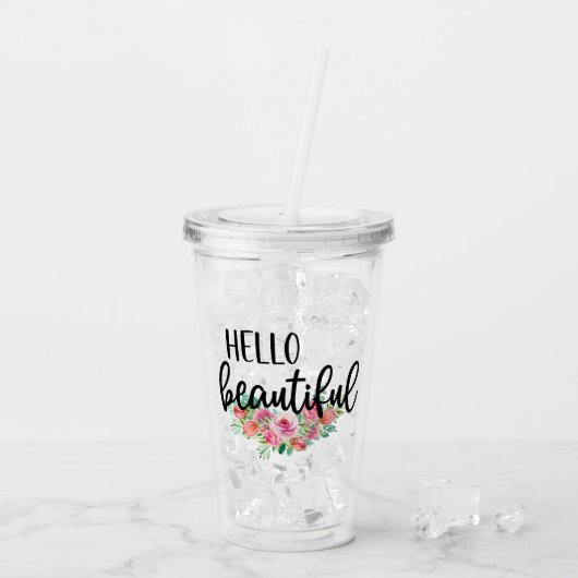 ハロービューティフルウォーターカラーバラタイポグラフィ モダン アクリルタンブラー (アイス裏面)