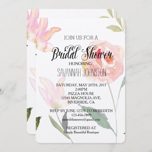 ハロービューティフルウォーターカラーフローラブライダルシャワー 招待状 (正面/裏面)