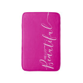 ハロービューティフルホットピンクホワイトタイポグラフィモダン バスマット (正面縦)
