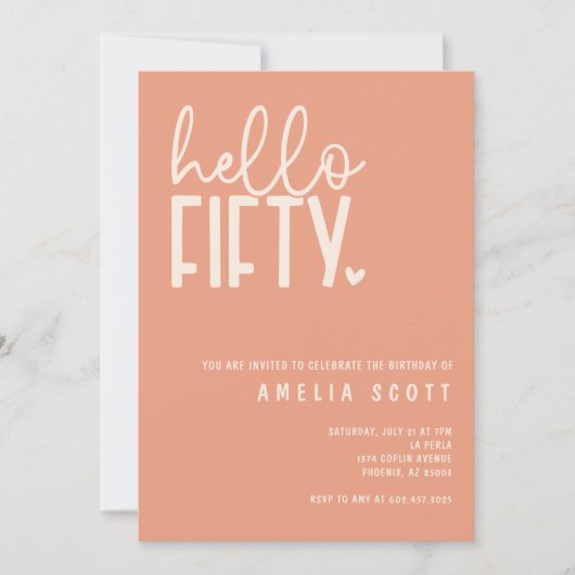 ハローフィフティ50th誕生日モダンピーチミニマル 招待状 (正面)