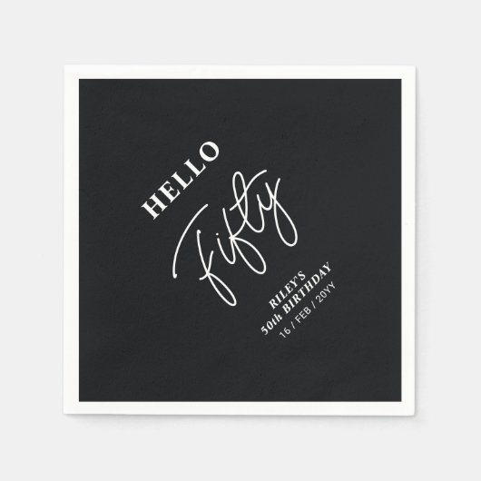 ハローフィフティ |ブラックモダン50thバースデーパーティー スタンダードカクテルナプキン (正面)