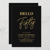 ハローフィフティ |金ゴールドとブラック50thバースデーパーティー 招待状 (正面/裏面)