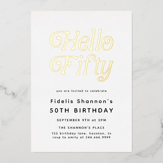 ハローフィフモダンィティレトロ50誕生日 箔招待状 (正面)