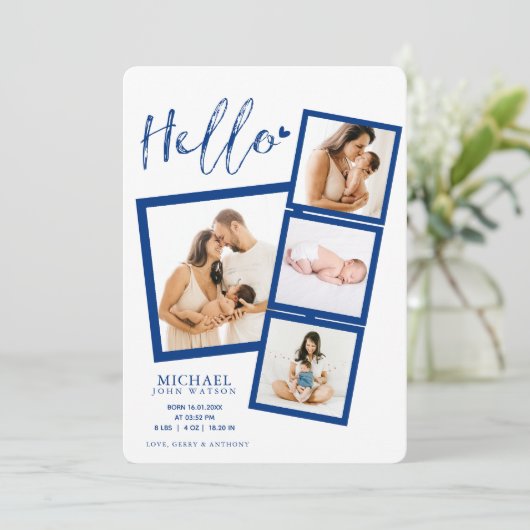ハローフィルムストリップフォトコラージュ生まれたばかりの男の赤ちゃん 案内状 (スタンド正面)