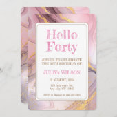 ハローフォーティ金ゴールドグリッターピンク誕生日パーティー 招待状 (正面/裏面)