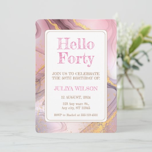 ハローフォーティ金ゴールドグリッターピンク誕生日パーティー 招待状 (スタンド正面)