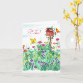 ハローフレンドレッドバードハウスバタフライフラワー カード (黄色い花)